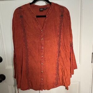 Forest Fairy Womens 1X Burnt Orange Boho Crochet Bell Sleeve Button Front Tunic